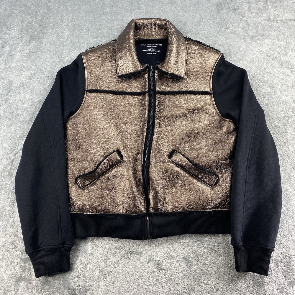 Majestic Filatures Jacket Womens Sz 2 (S) Black Gold Sheepskin Leather Shearling